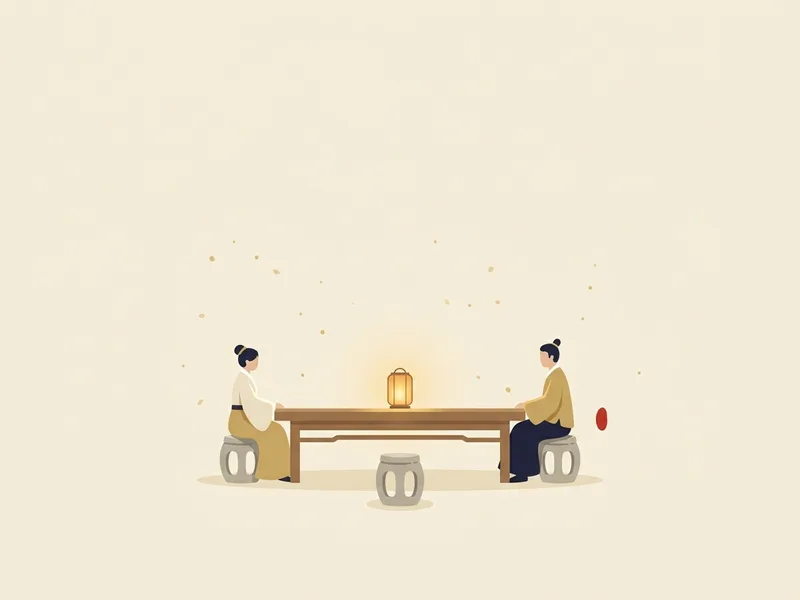 Minh họa hai người ngồi hai đầu một chiếc bàn dài, giữa bàn có một chiếc đèn lồng ấm sáng