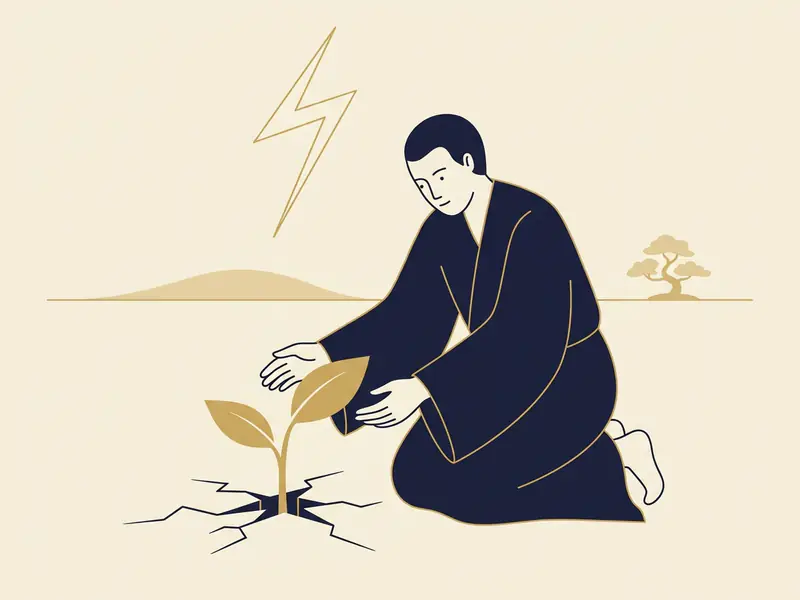 Minh họa quẻ Truân Vi Lôi — một người quỳ chụm hai tay che chở mầm cây non vừa nhú lên qua mặt đất nứt nẻ, phía trên là một tia sét vàng