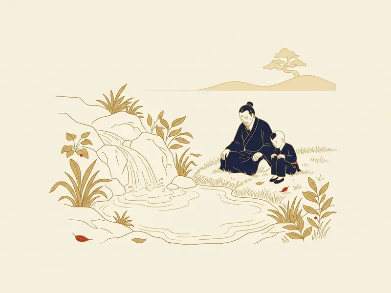 Minh họa quẻ Mông Vi Thủy — người lớn tuổi ngồi bên một chú bé nhỏ cạnh dòng suối chảy ra từ khe đá, cả hai cùng nhìn xuống mặt nước