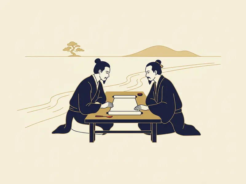 Minh họa quẻ Tụng Vi Thủy — hai người ngồi đối diện hai bên chiếc bàn thấp bên bờ suối, giữa bàn là một cuộn giấy mở